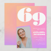 Pink Gradient Retro Foto 69. Geburtstag Einladung (Vorne/Hinten)
