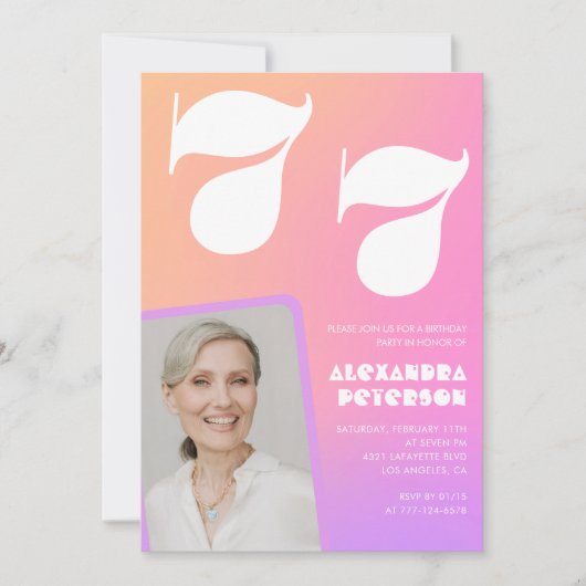 Pink Gradient Retro Foto 77. Geburtstag Einladung (Vorderseite)