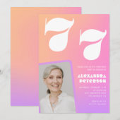 Pink Gradient Retro Foto 77. Geburtstag Einladung (Vorne/Hinten)