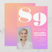 Pink Gradient Retro Foto 89. Geburtstag Einladung (Vorne/Hinten)