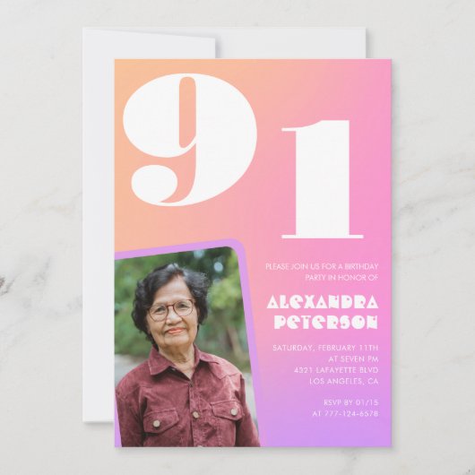 Pink Gradient Retro Foto 91. Geburtstag Einladung (Vorderseite)