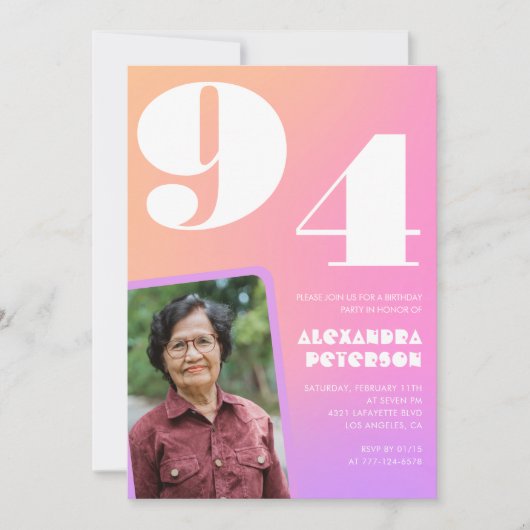 Pink Gradient Retro Foto 94. Geburtstag Einladung (Vorderseite)