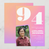Pink Gradient Retro Foto 94. Geburtstag Einladung (Vorne/Hinten)