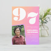 Pink Gradient Retro Foto 97. Geburtstag Einladung (Stehend Vorderseite)