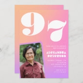 Pink Gradient Retro Foto 97. Geburtstag Einladung (Vorne/Hinten)