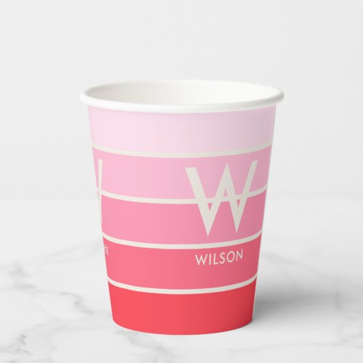Pink Gradient Strip Monogram Persönliches Party Pappbecher (Rückseite)