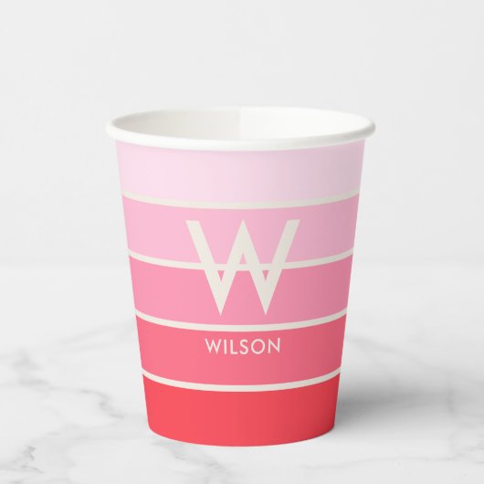 Pink Gradient Strip Monogram Persönliches Party Pappbecher (Links)