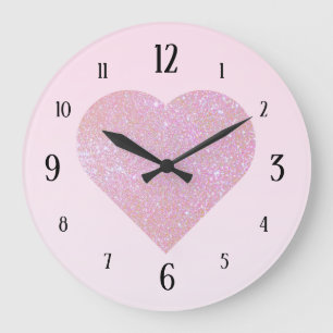 Pink Gradient With Large Glitter Heart Große Wanduhr