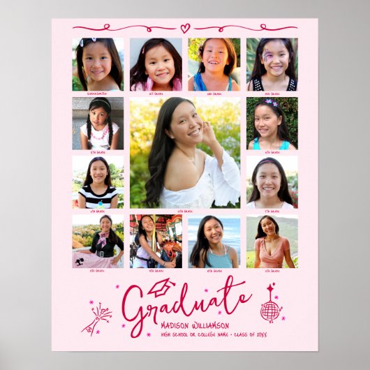 Pink Graduation K–12 Photo Collage Red Doodles Fun Poster (Vorne)