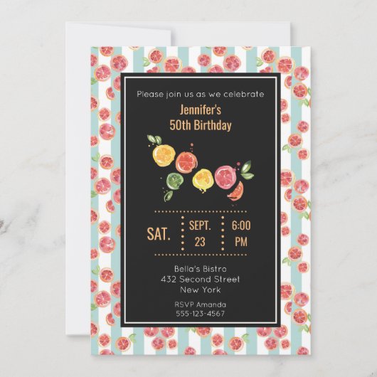 Pink Grapefruits auf dem Party Grüne Streifen lade Einladung (Vorderseite)