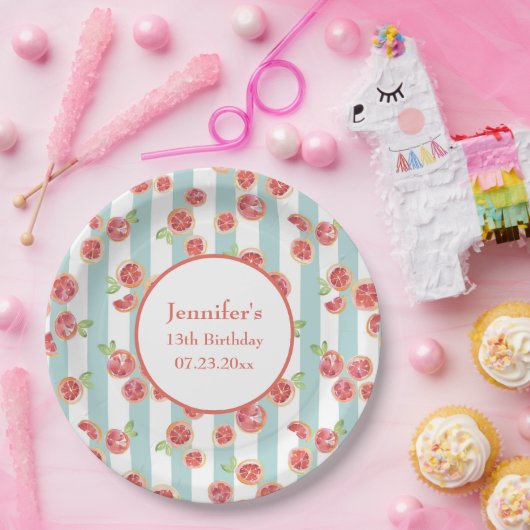 Pink Grapefruits Muster auf grünen Streifen Geburt Pappteller (Party)