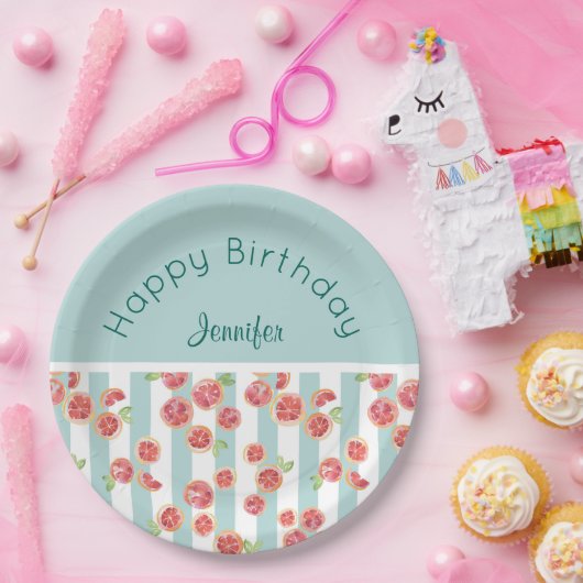 Pink Grapefruits Muster auf grünen Streifen Geburt Pappteller (Party)