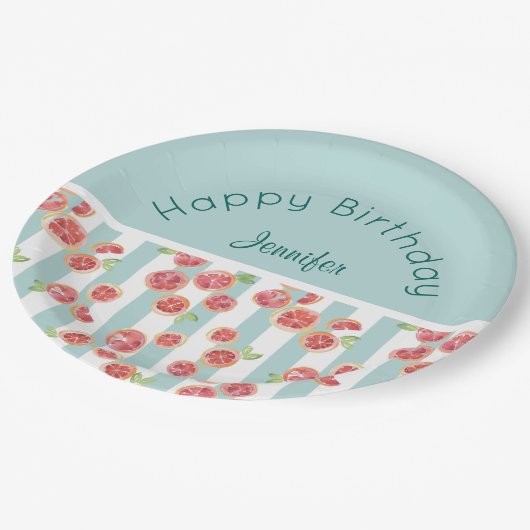 Pink Grapefruits Muster auf grünen Streifen Geburt Pappteller (Schrägansicht)