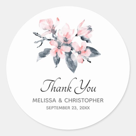 Pink & Grau Blume Classy Watercolor Vielen Dank Runder Aufkleber (Vorderseite)