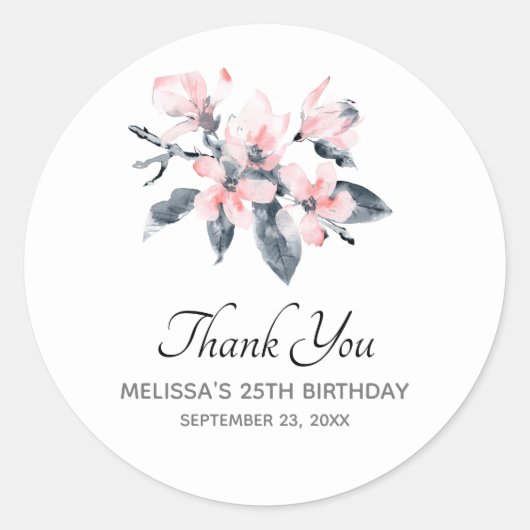 Pink & Grau Blume Classy Watercolor Vielen Dank Runder Aufkleber (Vorderseite)