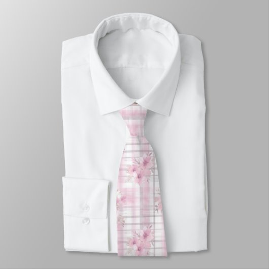 Pink Grau Blume Kariert Weihnachten Neck Tie Krawatte (Gebunden)