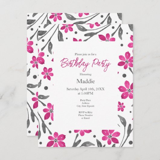 Pink Grau Blume Muster Einladung (Vorne/Hinten)