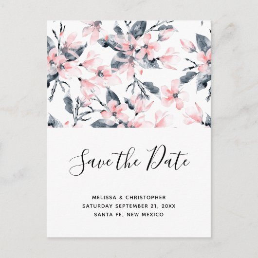 Pink & Grau Blumenmuster Save the Date Einladungspostkarte (Vorderseite)