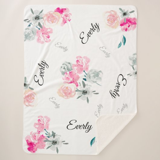 Pink Grau Floral Wasserfarben Mädchenname Sherpadecke (Vorderseite)
