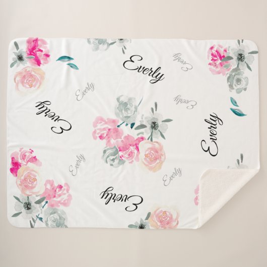 Pink Grau Floral Wasserfarben Mädchenname Sherpadecke (Vorderseite (Horizontal))