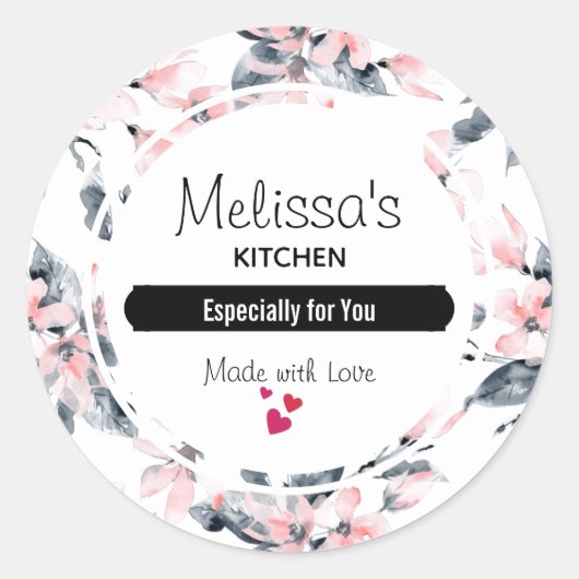 Pink & Grau Floral Wasserfarben Muster Küche Runder Aufkleber (Vorderseite)