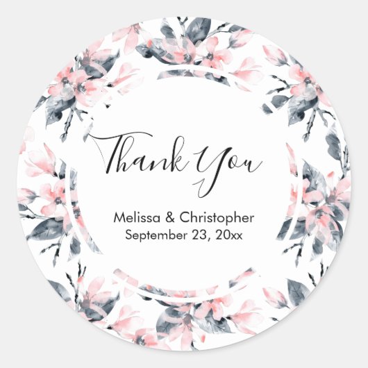 Pink & Grau Floral Wasserfarbmuster Vielen Dank Runder Aufkleber (Vorderseite)