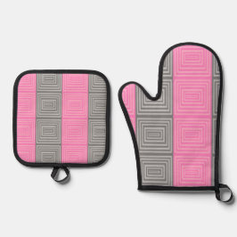 Pink & Grau Potholders & Oven Mitts Quadrate Desig Ofenhandschuh & Topflappen-Set