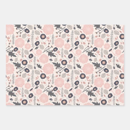 Pink Grau Schwarzes Botanisches Muster Geschenkpapier Set (Vorderseite)