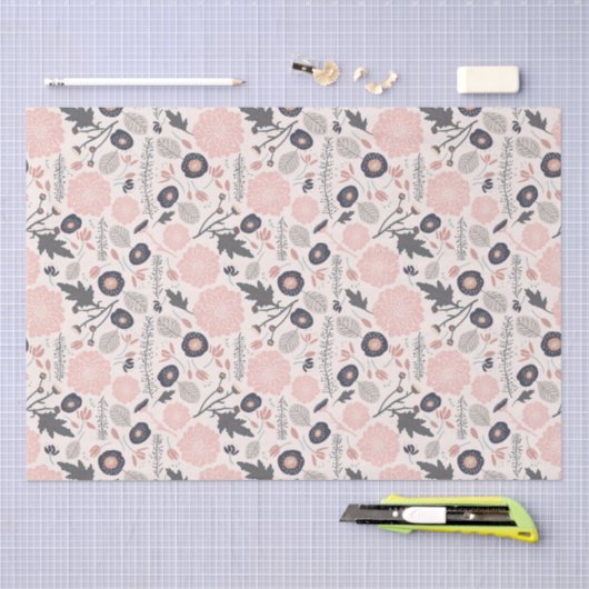 Pink Grau Schwarzes Botanisches Muster Seidenpapier (Handwerk)