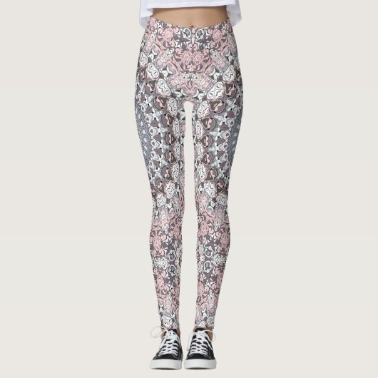 Pink Grau-Weiß-Mandala-Muster Leggings (Vorderseite)