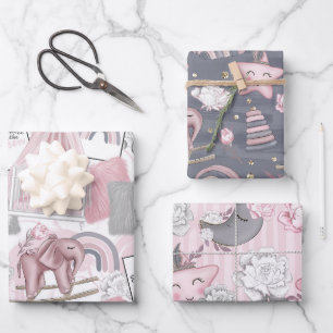 PINK GRAU WHITE BABY GIRL ITEMS & BLUME GESCHENKPAPIER SET