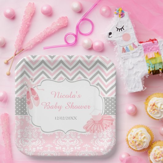 Pink & Grau Zickzack Ballerina Babydusche Pappteller (Party)