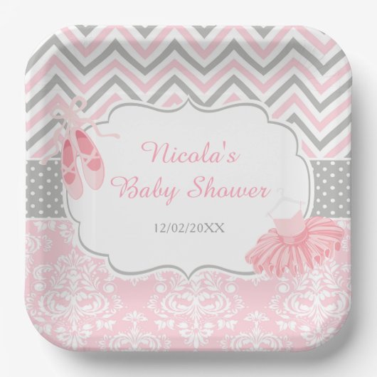 Pink & Grau Zickzack Ballerina Babydusche Pappteller (Vorderseite)