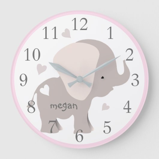Pink-graue Elephant-Kinderzimmer-Wall-Uhr Große Wanduhr (Vorderseite)