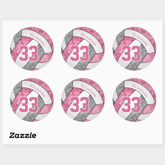 Pink-graue personalisierte Girls-Volleyball Runder Aufkleber (Blatt)