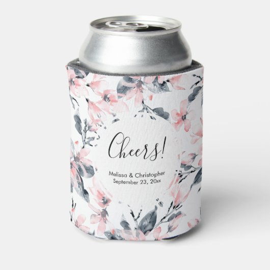 Pink & Graue Wasserfarbenmuster Hochzeit Dosenkühler (Kanne Rückseite)