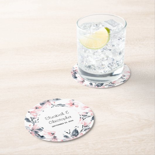Pink & Graue Wasserfarbenmuster Hochzeit Runder Pappuntersetzer (Vor Ort)