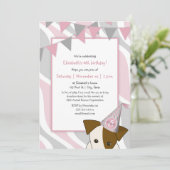 Pink-graues Party Welpe pinkend Mädchen Geburtstag Einladung (Stehend Vorderseite)