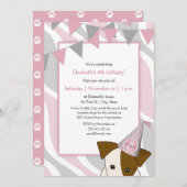 Pink-graues Party Welpe pinkend Mädchen Geburtstag Einladung (Vorne/Hinten)