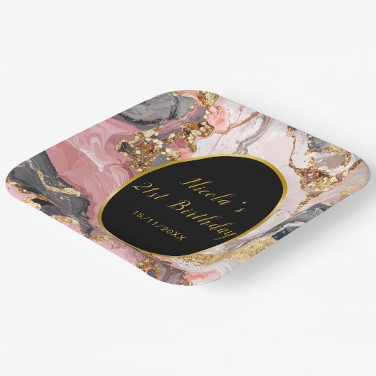 Pink, Gray and Gold Marble Agate Birthday Party Pappteller (Gewinkelt)
