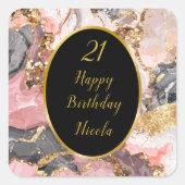 Pink, Gray and Gold Marble Agate Birthday Party Quadratischer Aufkleber (Vorderseite)