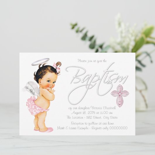 Pink Gray Angel Baby Girl Baptisse Einladung (Stehend Vorderseite)