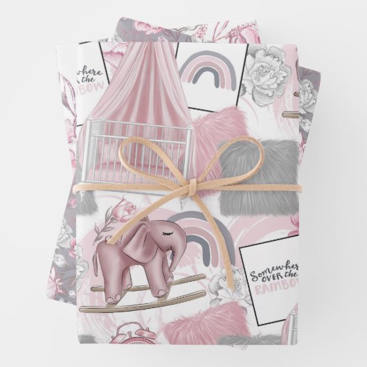 PINK & GRAY BABY MÄDCHENSPIELZEUGE HÖREN BLUME GESCHENKPAPIER SET (Beispiel)