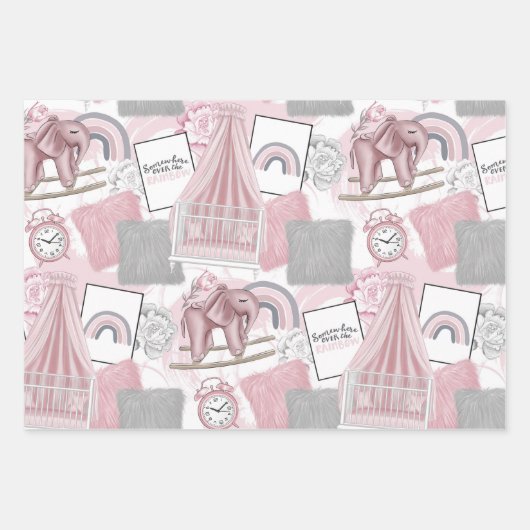 PINK & GRAY BABY MÄDCHENSPIELZEUGE HÖREN BLUME GESCHENKPAPIER SET (Vorderseite)