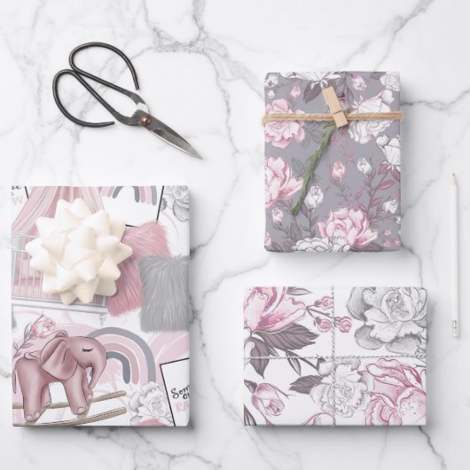 PINK & GRAY BABY MÄDCHENSPIELZEUGE HÖREN BLUME GESCHENKPAPIER SET (Vorderseite)