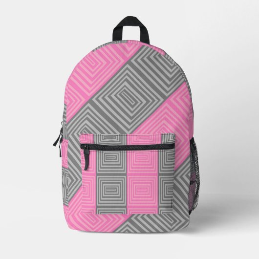 Pink & Gray Backpack With Abstract Squares Stripes Bedruckter Rucksack (Vorderseite)