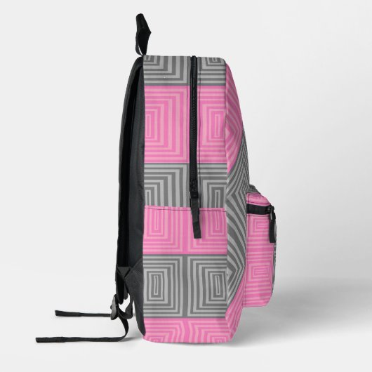 Pink & Gray Backpack With Abstract Squares Stripes Bedruckter Rucksack (Links)