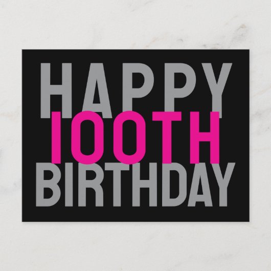 Pink Gray Black Modern Bold Frohes 100. Geburtstag Postkarte (Vorderseite)