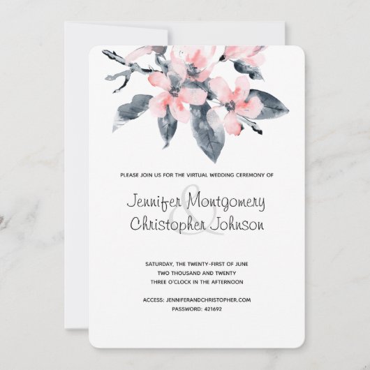 Pink & Gray Blume Virtual Wedding Einladung (Vorderseite)
