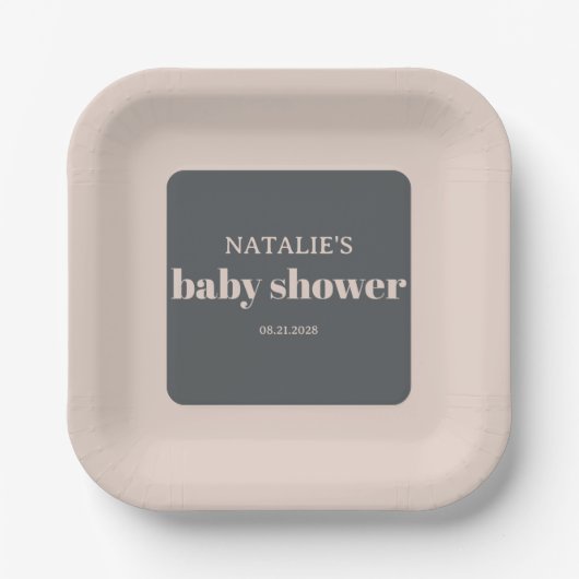 Pink Gray Boho Typografie Baby Shower Pappteller (Vorderseite)